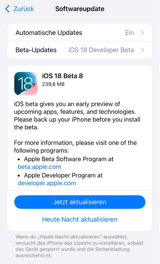 惠安苹果手机维修分享苹果 iOS / iPadOS 18 开发者预览版 Beta 8 发布 